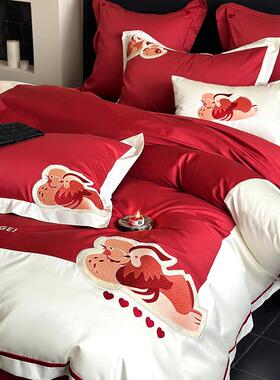 婚庆100长绒棉红色四件套高端鸳鸯刺绣喜庆纯棉被套结婚床上用品