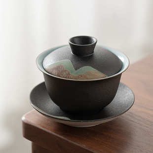 手绘远山三才盖碗 日式 陶瓷功夫茶具茶杯茶碗粗陶家用泡茶器