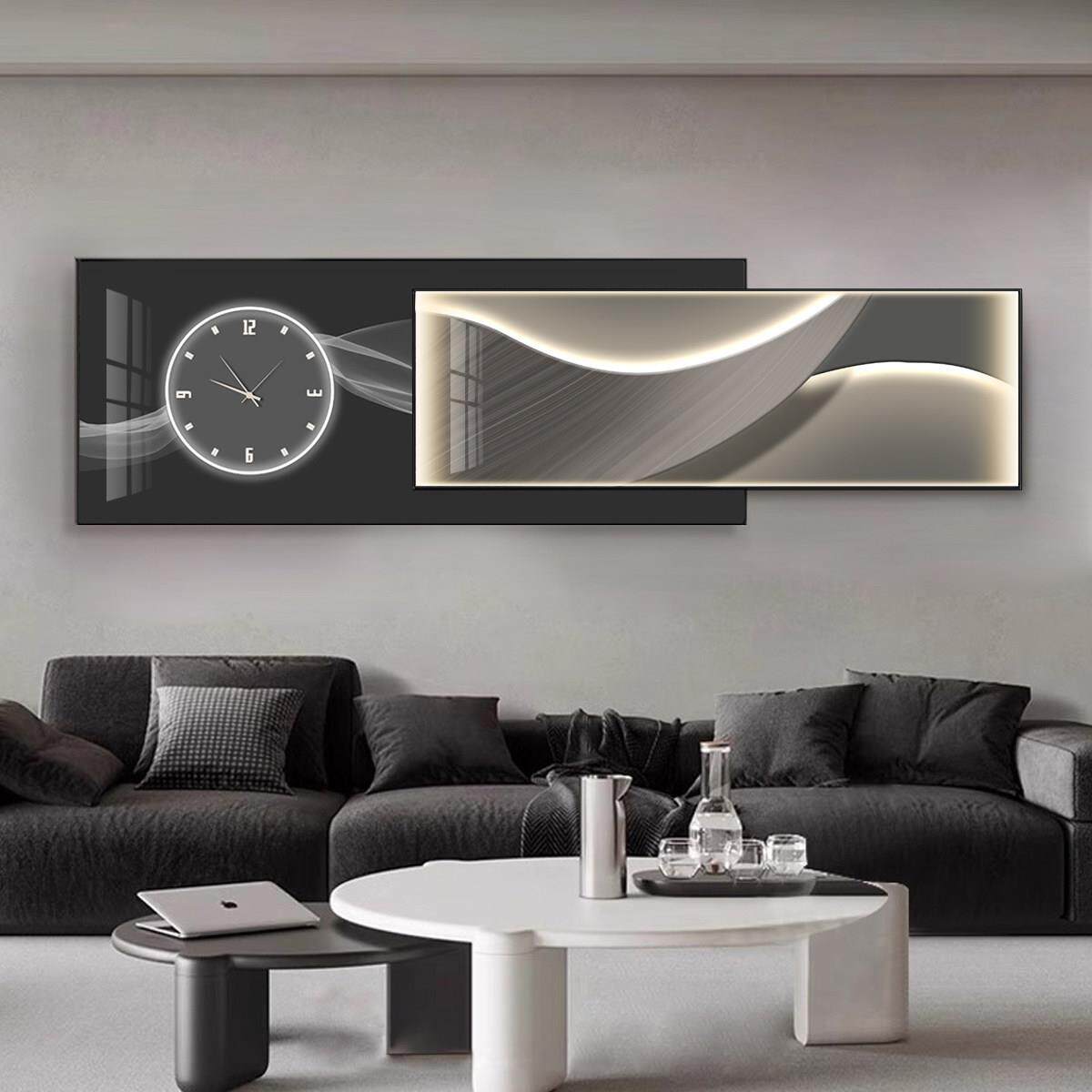 轻奢高级感客厅沙发背景墙壁大气装饰挂画带时钟叠加壁画现代简约