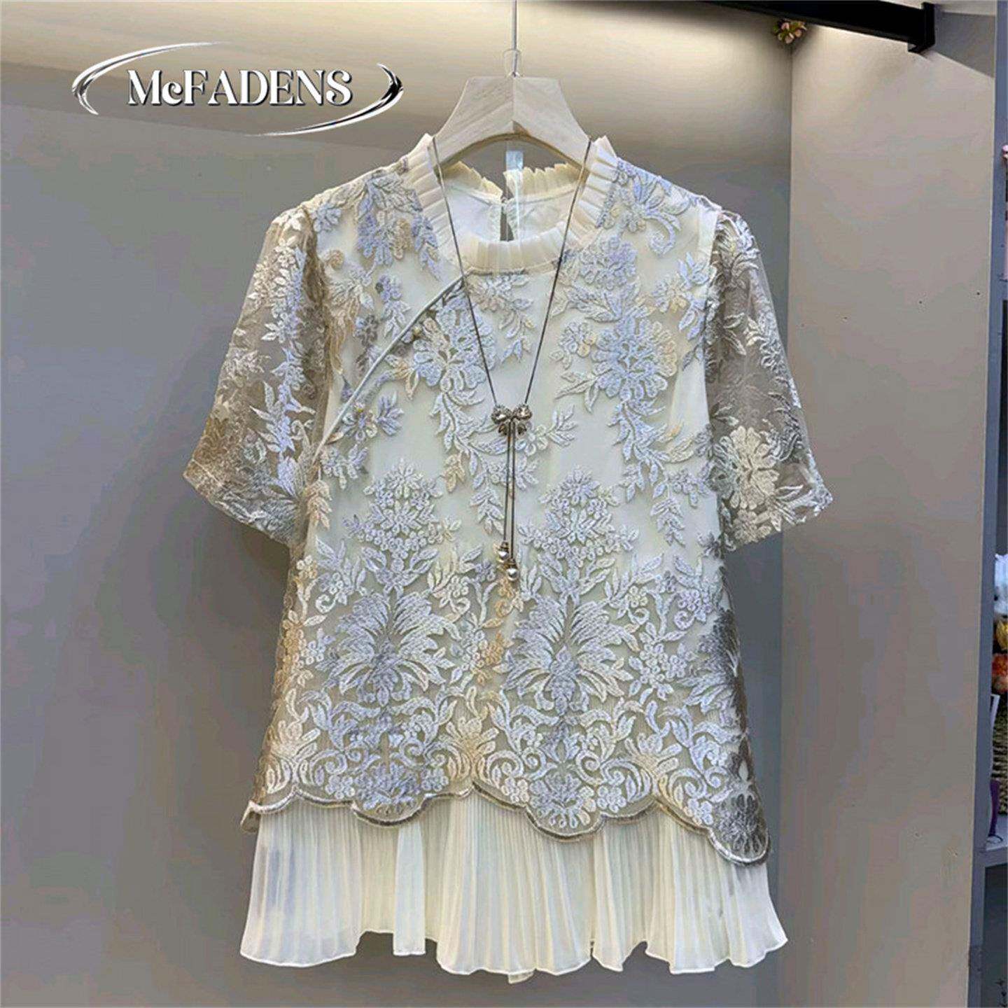 香港胖妹妹显瘦大尺码女装新款夏季假两件蕾丝小衫拼接新中式女人