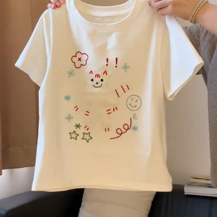ROUJE ESVIP卡通印花刺绣短袖T恤女白色宽松减龄百搭显瘦上衣