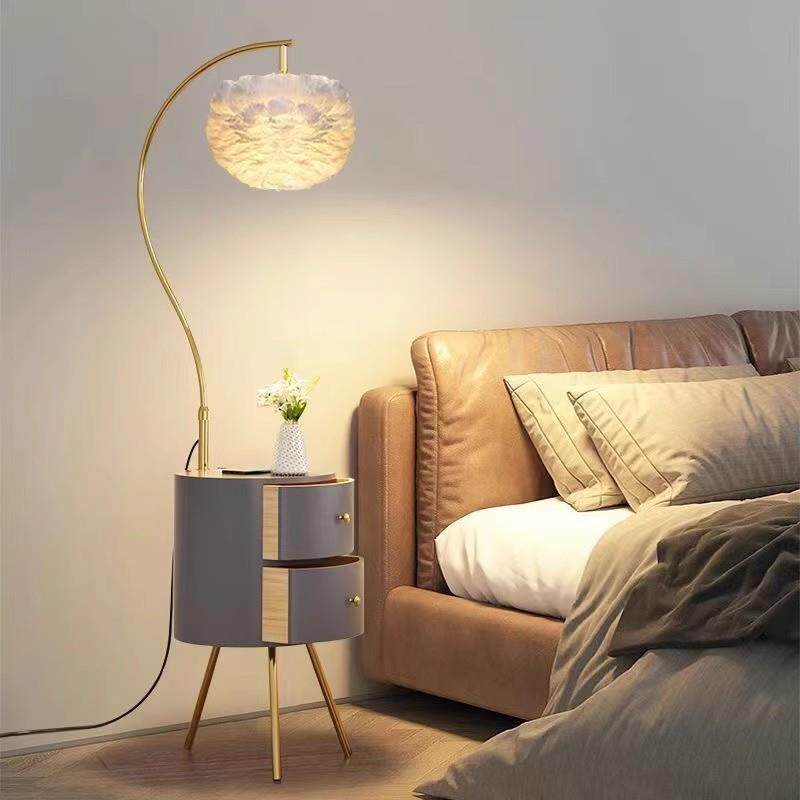 卧室奶油风床头柜落地灯台灯一体氛围感装饰置物架客厅茶几沙发旁