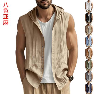 Men Color Linen Vest Jacket Casual Comfy Sleeveless