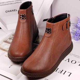 高档季软鞋底真皮妈妈冬加绒子短靴大码41-43中年平底棉鞋女保暖