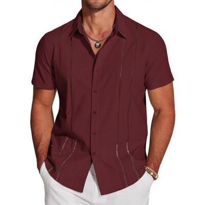 Men Shirt Sleeve Button Shirts Casual Summer Beach Linen