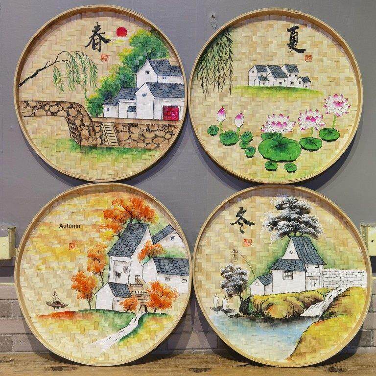 采购产品手绘簸箕,竹筛,农舍装饰,竹墙装饰,田园装饰,墙挂,