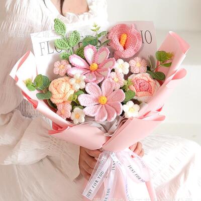 Artificial Flowers跨境外贸手工毛线花玫瑰花格桑花束手捧花成品