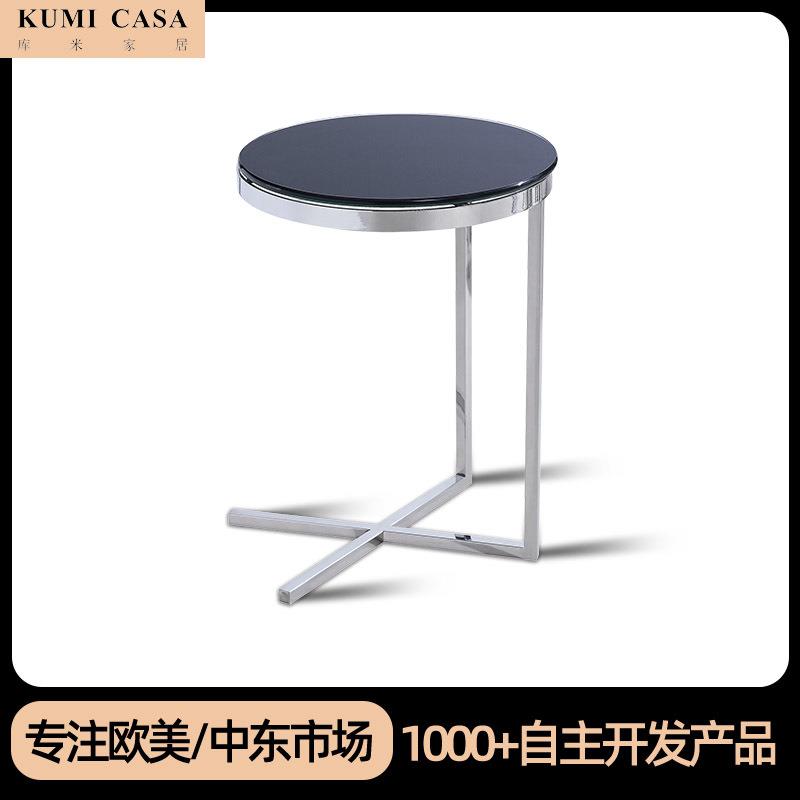 设计师简约创意玻璃边几卧室茶几客厅家用不锈钢现代沙发圆形角几