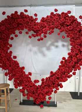 仿真布底红色心形拱门玫瑰拱门婚庆背景网红打卡背景