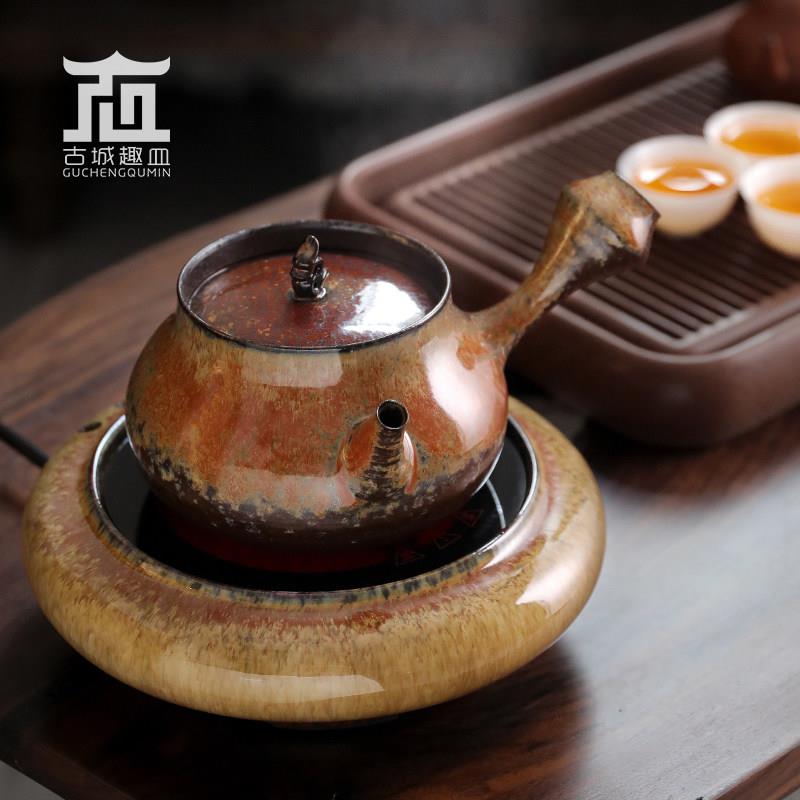 明德园龙泉侧把烧水煮茶红泥粗陶壶盖跳卡龙年沙铫黑晶炉静音套装