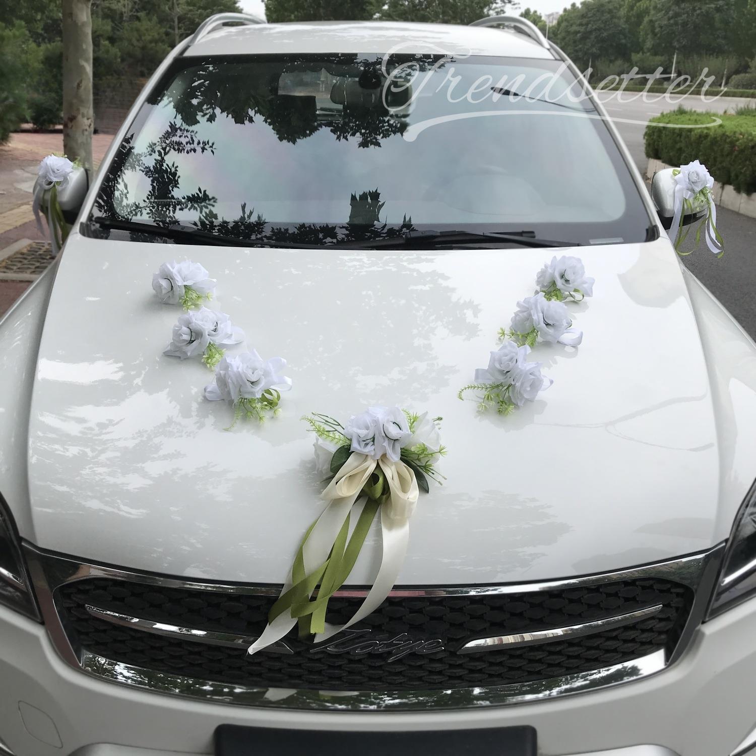 婚车装饰车头花结婚用品婚庆主婚车布置套装白色红粉副车队全套