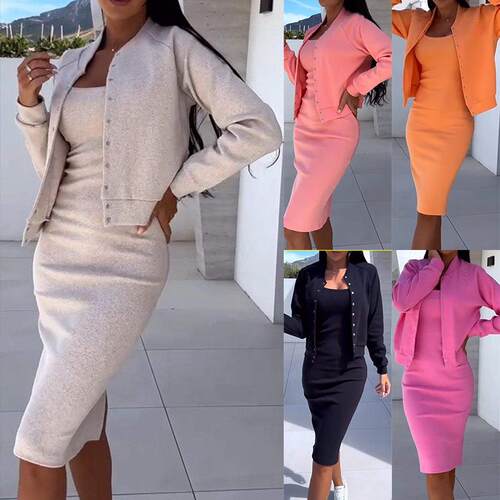 2 Pieces Outfit Bomber Jacket Square Neck Sleeveless Slit