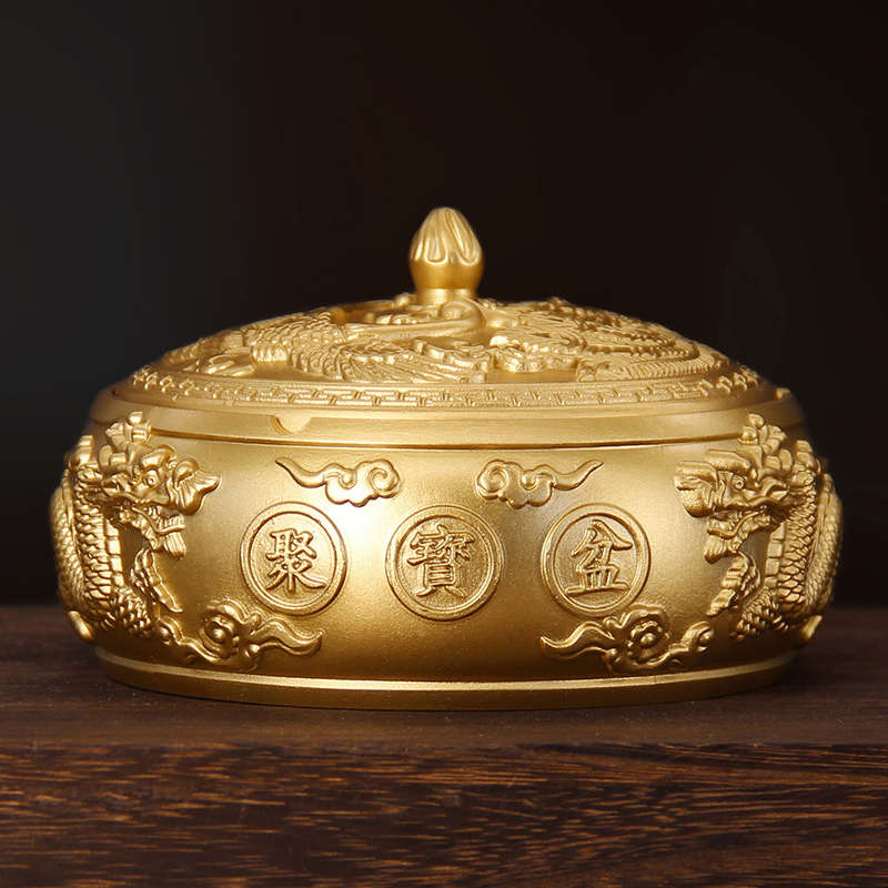纯黄铜龙凤烟灰缸龙马烟灰缸可开盖收纳器家居办公室客厅茶桌摆件