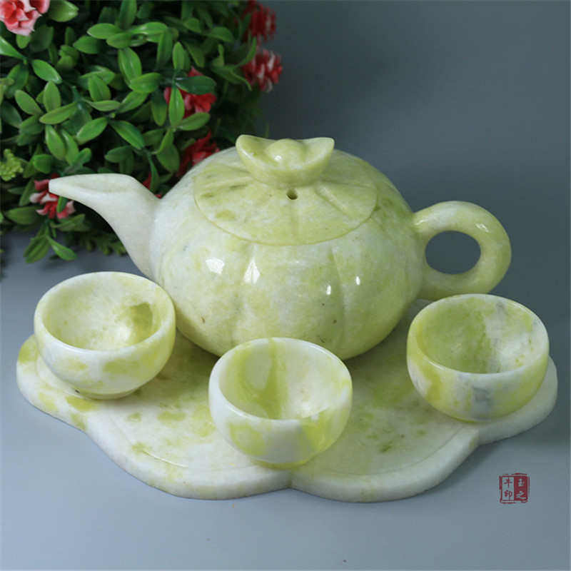 蓝田玉玉石茶具茶壶茶杯玉茶坊用品雕件白玉石茶壶工艺礼品摆件