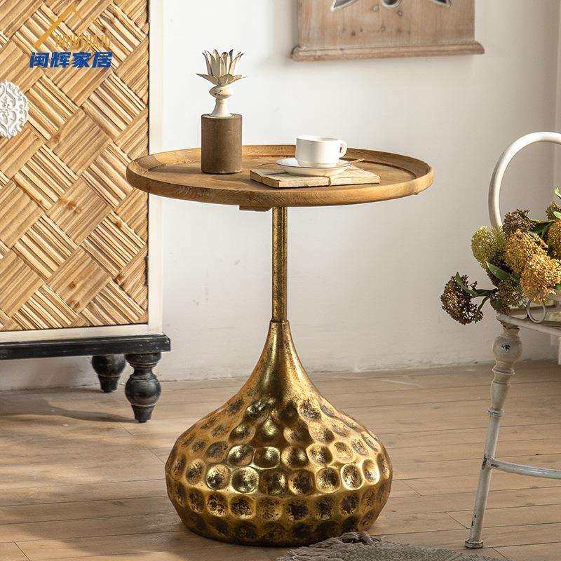 轻奢北欧金色复古客厅茶几简约家用圆形茶几酒店做旧创意沙发边几