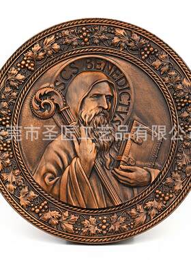 圣本笃圆盘圣牌实木雕刻木质工艺品圣徒祈祷桌面摆件装饰欧式装饰