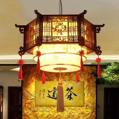 中式吊灯餐厅饭店包厢仿古羊皮灯具实木古典茶楼酒店工程装饰吊灯