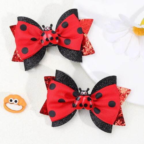 2Pcs Cute Insect Bowknot Hair Clips For Girls Kids Red Novel