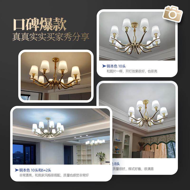 744美轻式奢房全铜吊灯别墅厅灯乡村简约卧室灯书灯创意大餐厅吊