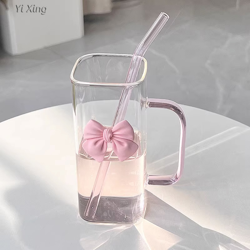 透明简约方形水杯女ins风带把手玻璃吸管杯子耐高温咖啡杯牛奶杯