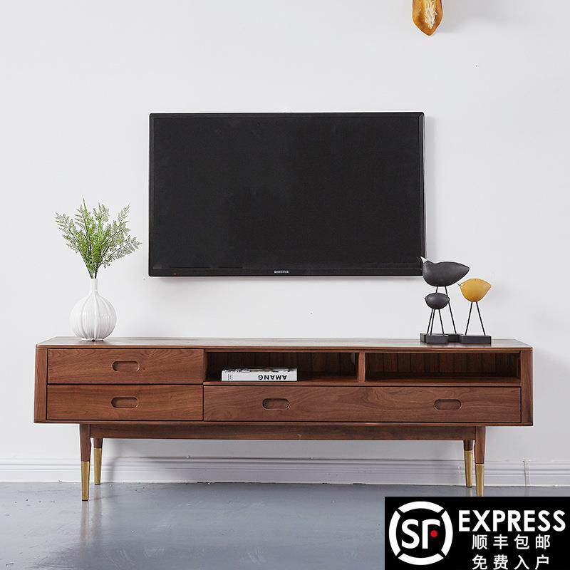 北欧表情家居北美黑胡桃纯实木电视机柜现代简约矮柜黄铜家具包邮