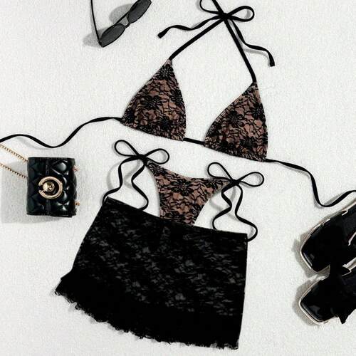 Short skirt, triple lace, double-sided bikini set,