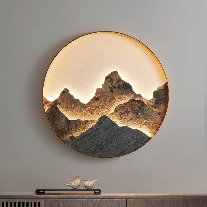 新中式岩板壁灯入户玄关装饰画客厅背景壁画灯圆形茶室立体山水画