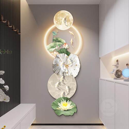 九鱼图挂钟玄关装饰画高档走廊过道带灯挂画新中式荷花时钟表壁饰