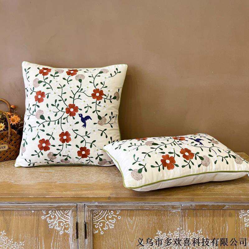 全棉美式田园风刺绣花抱枕沙发靠背腰枕客厅卧室靠枕小碎花靠垫套