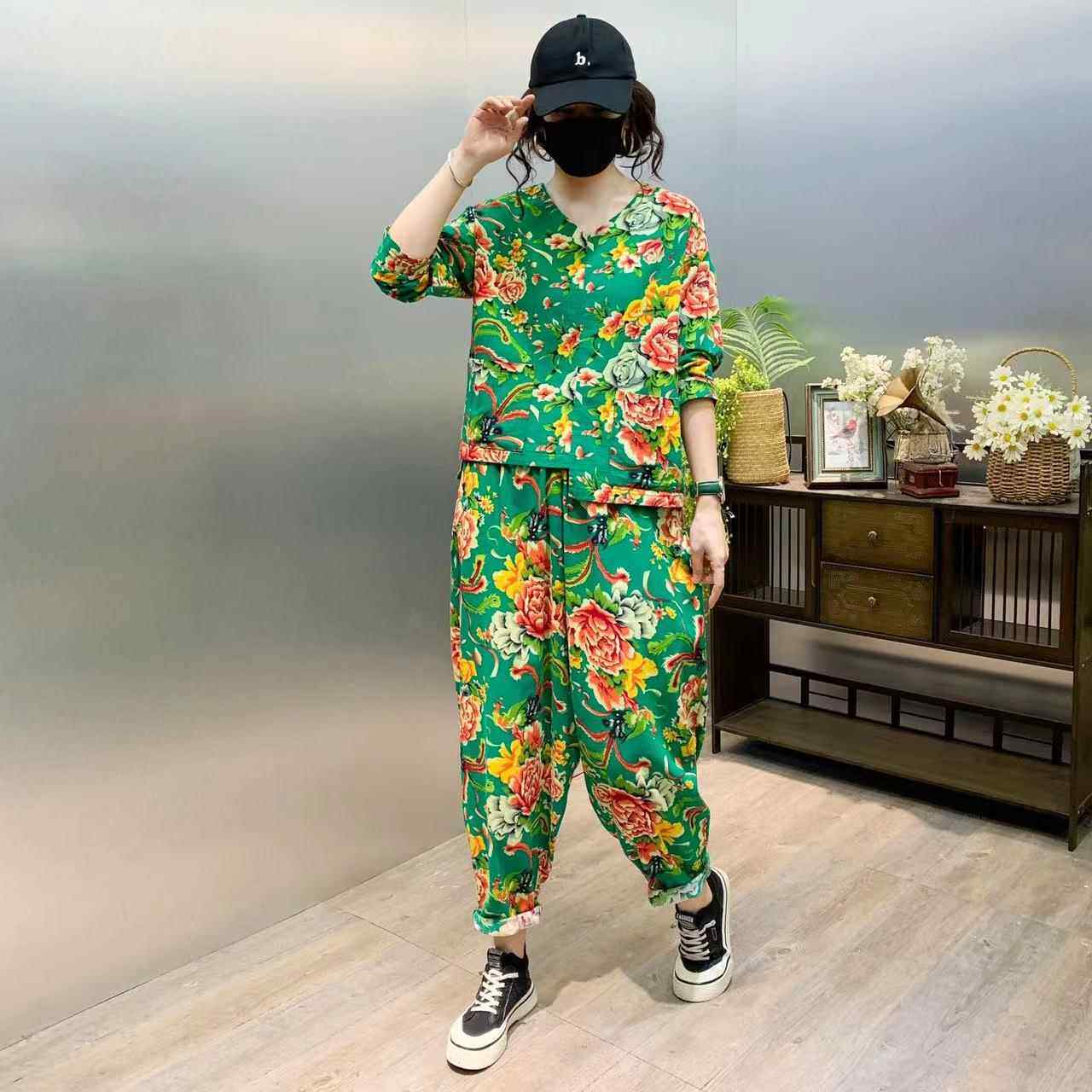 新款民风东北大花棉套装时尚族碎花长袖哈裤伦广场舞麻两件套女演