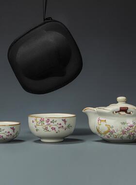 米黄汝窑手抓壶旅行茶具快客杯大号盖碗防烫手开片可养泡茶器套装