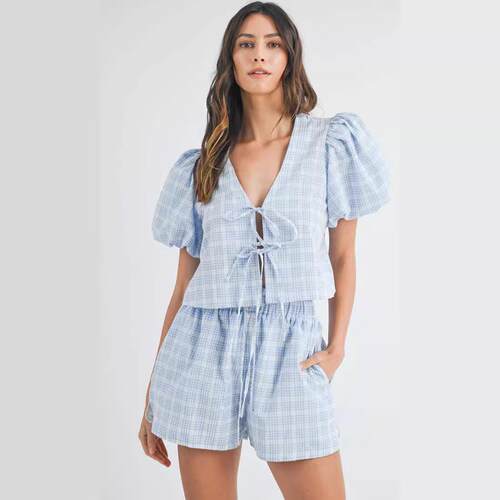 Women 2 Outfits Plaid Print Tie Front Sleeves Tops Elastic