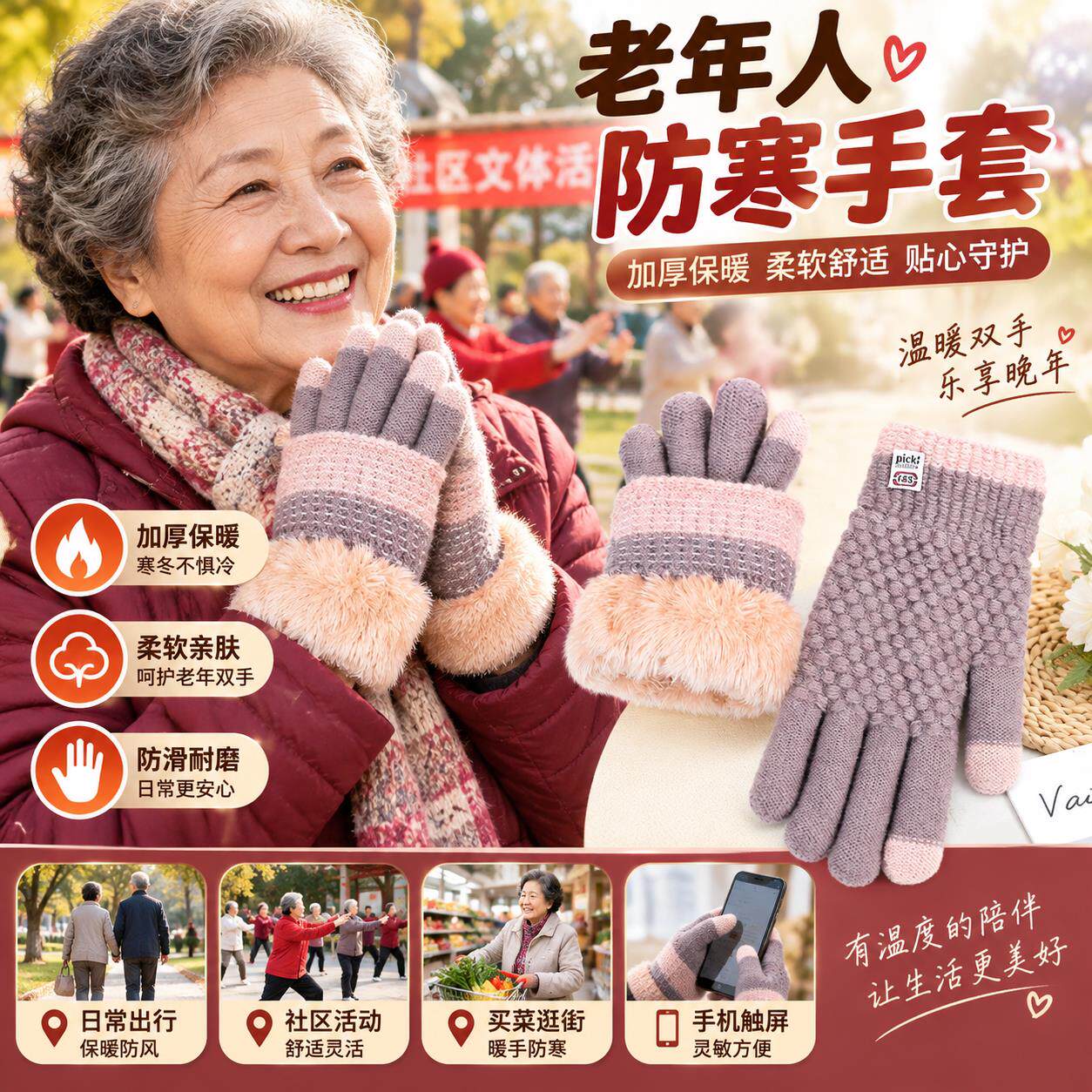 冬季适合老年人保暖戴的手套骑车防寒女妈妈奶奶爷爷80岁徒步登山