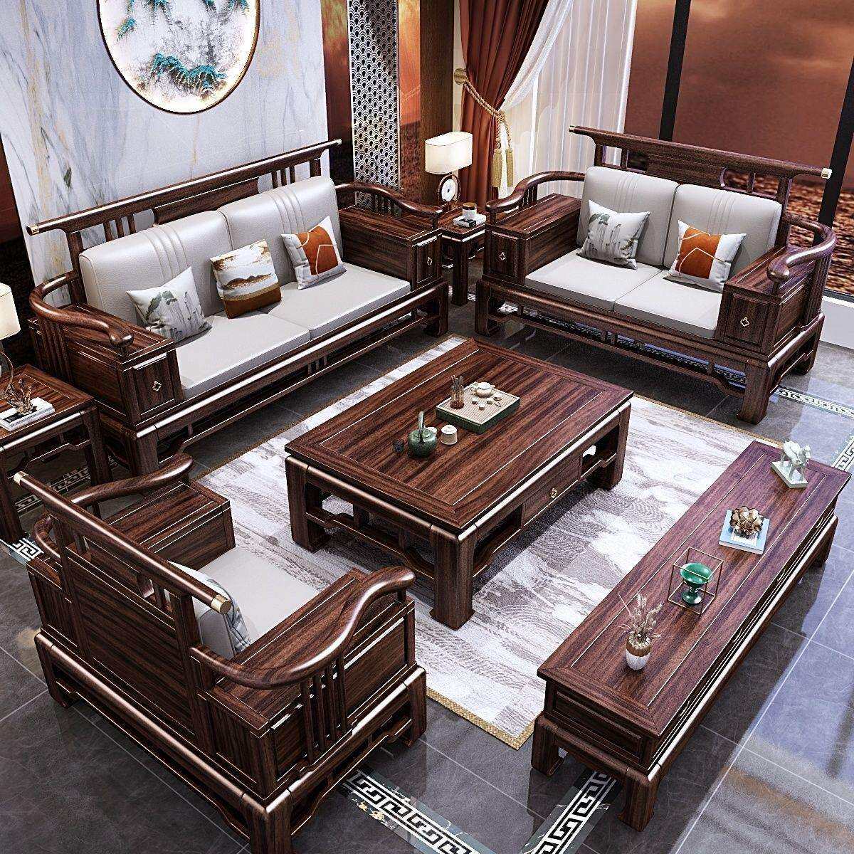 新中式 新古典乌金木实木沙发休闲椅三件套组合 现代客厅家具全套