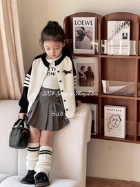 韩版儿童针织衫24春秋女童洋气拼色针织开衫外套学院风百褶裙