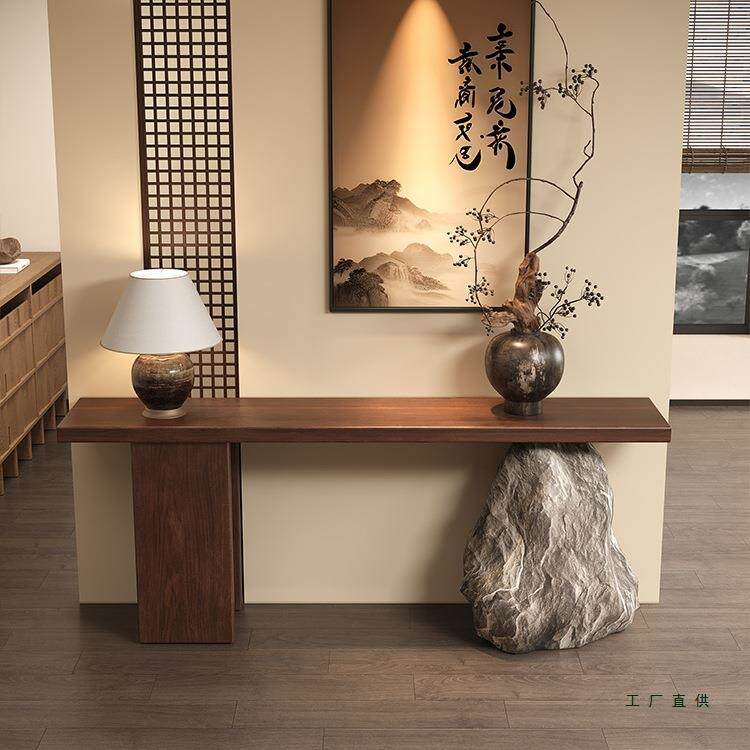 中古风实木玄关桌靠墙玄关台客厅进门条案桌现代简约仿真石端景台