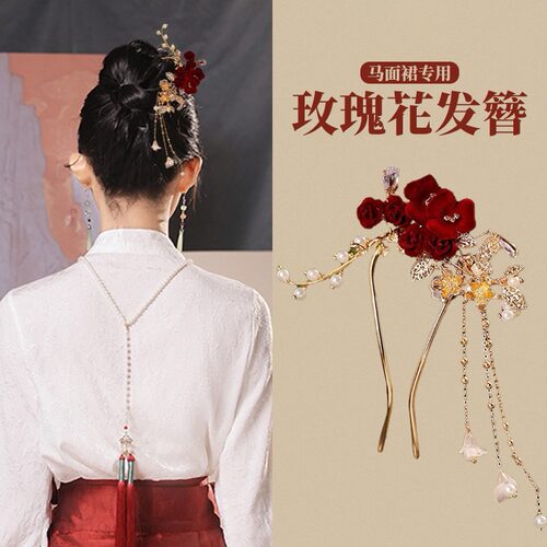 玫瑰发夹红色发簪结婚发饰发饰