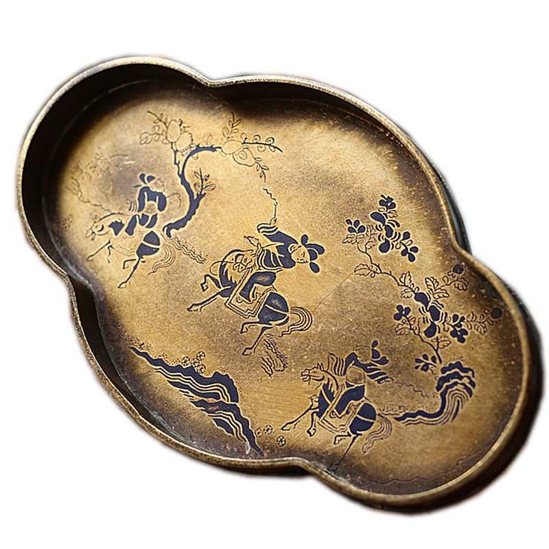 优茶道宋式仿古纯铜漆绘壶承手工黄铜壶垫建水铜茶盘干泡台茶盘