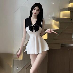 清纯少女风拼色海军领水手服洋装蝴蝶结修身迷你超短制服背心裙