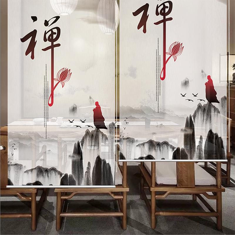 隔断背景装饰玄关挂画隔热升降茶楼禅意空间窗帘门帘卷帘中式复古