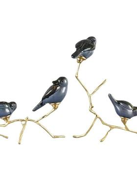 板中式铜枝小鸟摆样房售楼处桌面架书玄关软装饰品工83265艺喜上