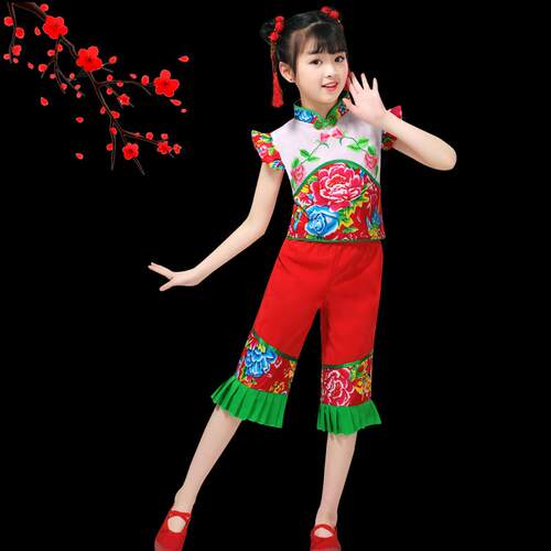 正品六一儿新款童秧出歌服腰鼓扇子舞灯笼演服开红喜庆民族门风舞