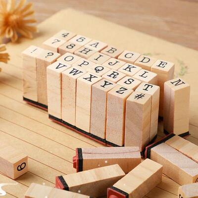 Wooden Alphanumeric Stamps with Ink Stamp, Capital Letter St