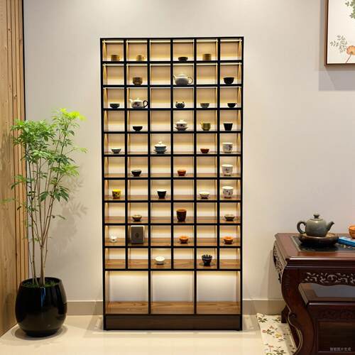 定制胡桃色博古架带灯格子架茶叶带灯壁挂落地多宝阁茶壶水杯展示