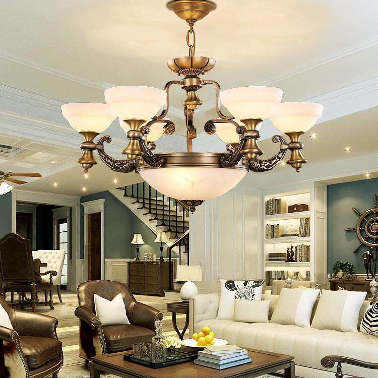 美式全铜欧式客厅吊灯客厅灯具简欧仿云石餐厅书房自建大别墅灯饰