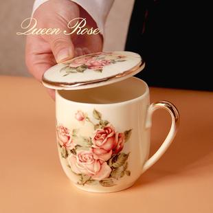 韩国Queen Rose 女皇玫瑰陶瓷盖杯水杯 镀金边马克杯带盖水杯子
