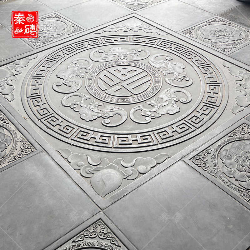仿古砖雕铺装地面浮雕中式牡丹花砖五福临门古建青砖地雕庭院户外