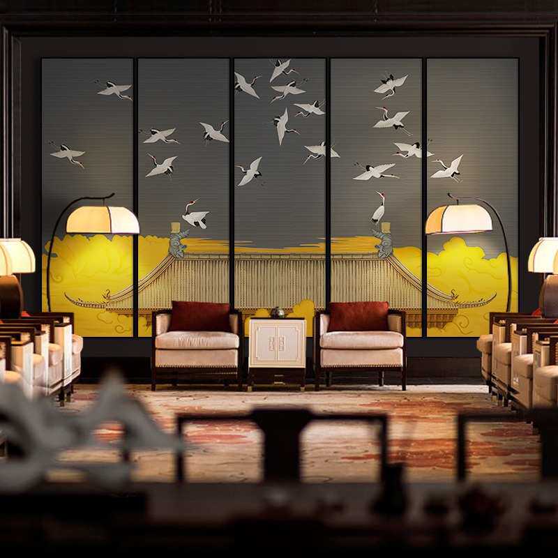 新中式山水装饰画客厅四联画条屏画茶室书房酒店大堂挂画瑞鹤图