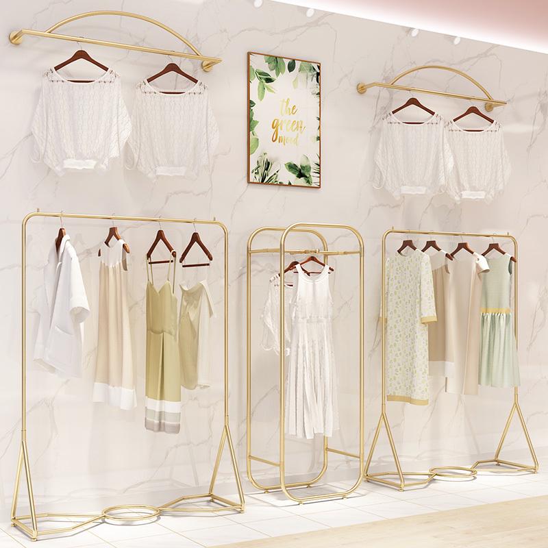 力洲服装店展示架落地式轻奢女装店上墙陈列货架金色衣服架子侧挂