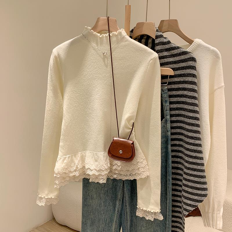 杏色纯欲木耳蕾丝边拼接半高领针织打底衫女春秋内搭修身显瘦上衣